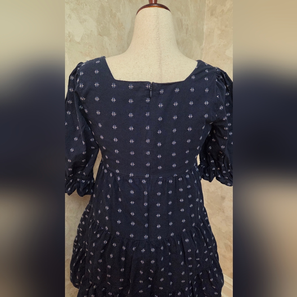 Madewell Navy Cotton Tiered Mini Dress Size 6 Square Neck Puff Sleeve - Picture 6 of 12